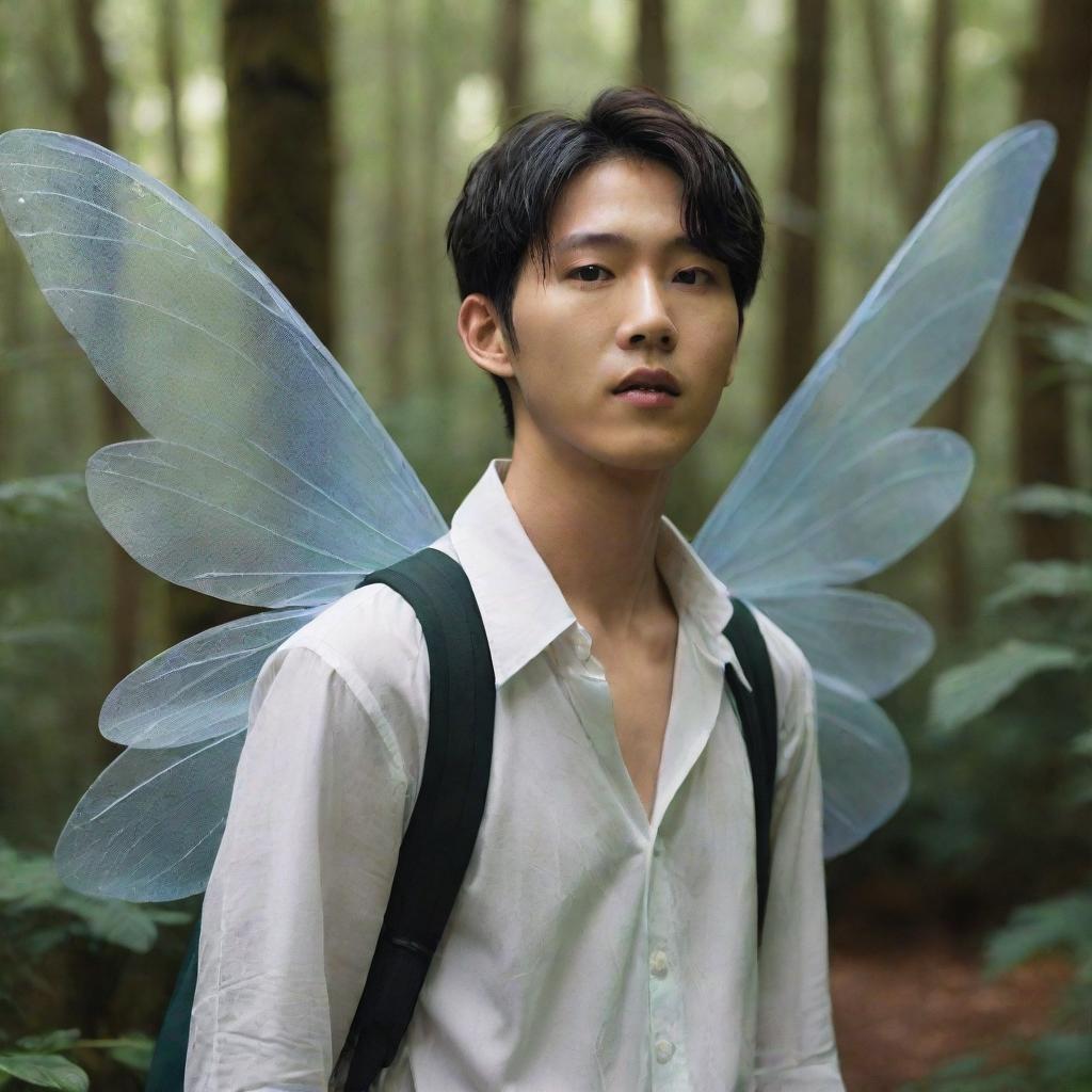 A young Asian man resembling Lee Heeseung from Enhypen, adorned with delicate fairy wings, whimsically wandering through an enchanting, lush forest.