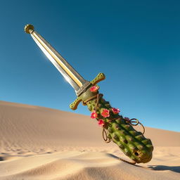 A majestic sword crafted from a giant saguaro cactus, its vibrant green hues and spiky texture creating a unique and formidable look