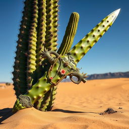 A majestic sword crafted from a giant saguaro cactus, its vibrant green hues and spiky texture creating a unique and formidable look