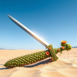 A majestic sword crafted from a giant saguaro cactus, its vibrant green hues and spiky texture creating a unique and formidable look