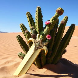 A majestic sword crafted from a giant saguaro cactus, its vibrant green hues and spiky texture creating a unique and formidable look