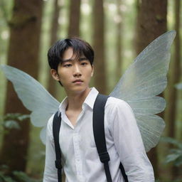 A young Asian man resembling Lee Heeseung from Enhypen, adorned with delicate fairy wings, whimsically wandering through an enchanting, lush forest.