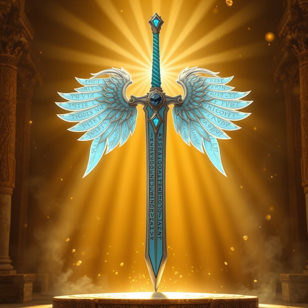 An elegant holy sword bathed in radiant light, its blade inscribed with ancient runes that glow softly in a celestial blue hue