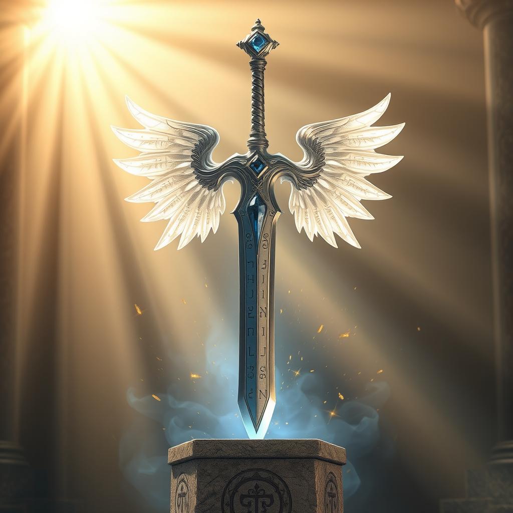 An elegant holy sword bathed in radiant light, its blade inscribed with ancient runes that glow softly in a celestial blue hue