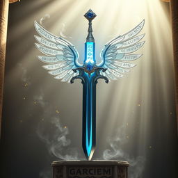 An elegant holy sword bathed in radiant light, its blade inscribed with ancient runes that glow softly in a celestial blue hue