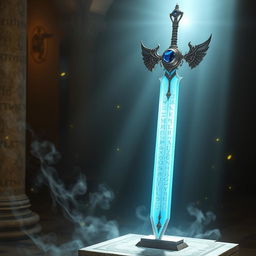 An elegant holy sword bathed in radiant light, its blade inscribed with ancient runes that glow softly in a celestial blue hue