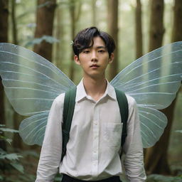 A young Asian man resembling Lee Heeseung from Enhypen, adorned with delicate fairy wings, whimsically wandering through an enchanting, lush forest.