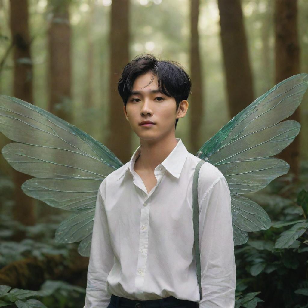 A young Asian man resembling Lee Heeseung from Enhypen, adorned with delicate fairy wings, whimsically wandering through an enchanting, lush forest.