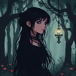 A pixel art depiction of a girl with striking black hair and dark skin, embodying a gothic theme