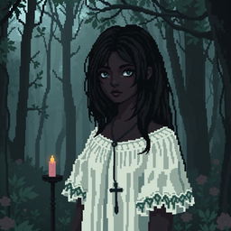 A pixel art depiction of a girl with striking black hair and dark skin, embodying a gothic theme