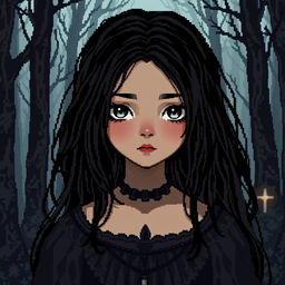 A pixel art depiction of a girl with striking black hair and dark skin, embodying a gothic theme