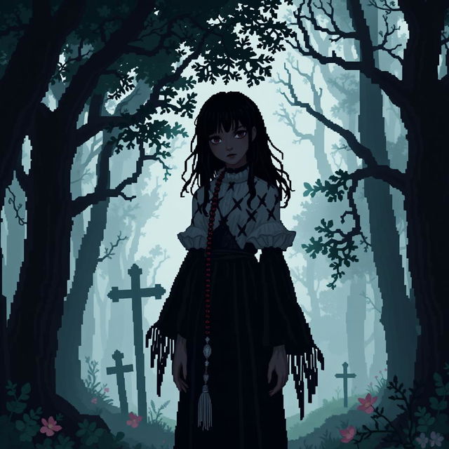 A pixel art depiction of a girl with striking black hair and dark skin, embodying a gothic theme