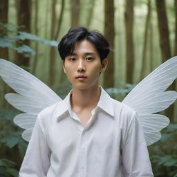 The same young Asian man resembling Lee Heeseung from Enhypen, now with delicate white fairy wings, whimsically wandering through the enchanting, lush forest.