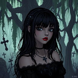 Pixel art of a girl with black hair and dark skin, embodying a gothic aesthetic