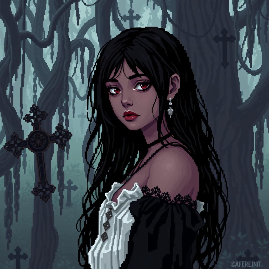 Pixel art of a girl with black hair and dark skin, embodying a gothic aesthetic