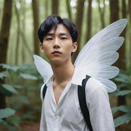 The same young Asian man resembling Lee Heeseung from Enhypen, now with delicate white fairy wings, whimsically wandering through the enchanting, lush forest.