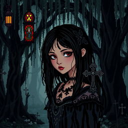 Pixel art of a girl with black hair and dark skin, embodying a gothic aesthetic