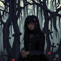 Pixel art of a girl with black hair and dark skin, embodying a gothic aesthetic