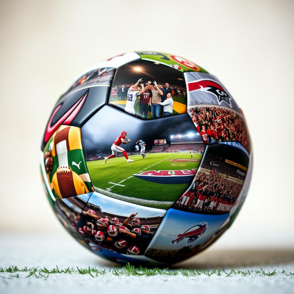 A rotating football adorned with dynamic images