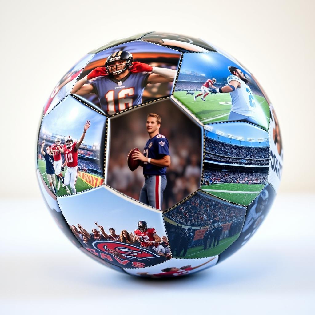 A rotating football adorned with dynamic images