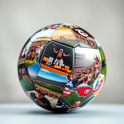 A rotating football adorned with dynamic images