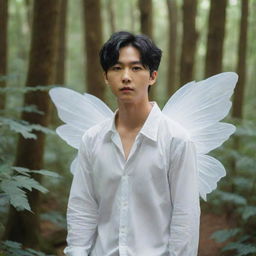 The same young Asian man resembling Lee Heeseung from Enhypen, now with delicate white fairy wings, whimsically wandering through the enchanting, lush forest.