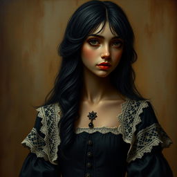 A Spanish girl with black hair and dark skin, dressed in a southern gothic dark dress adorned with light lace