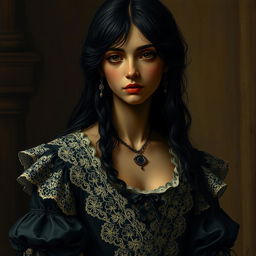 A Spanish girl with black hair and dark skin, dressed in a southern gothic dark dress adorned with light lace