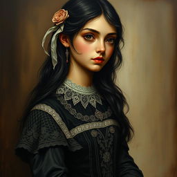 A Spanish girl with black hair and dark skin, dressed in a southern gothic dark dress adorned with light lace