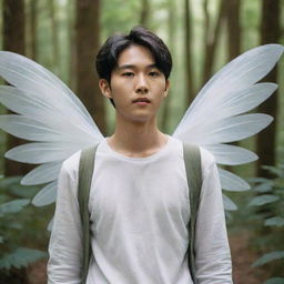 The same young Asian man resembling Lee Heeseung from Enhypen, now with delicate white fairy wings, whimsically wandering through the enchanting, lush forest.