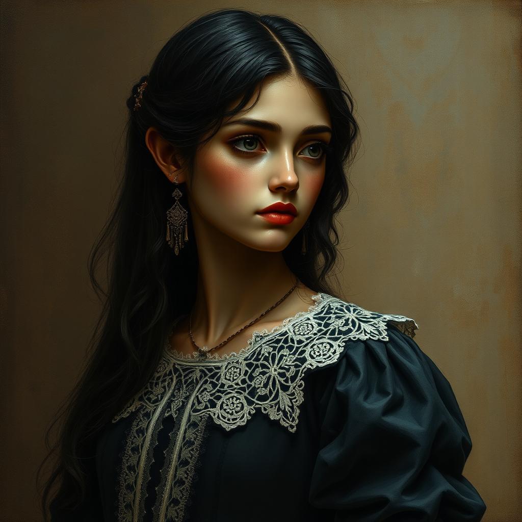 A Spanish girl with black hair and dark skin, dressed in a southern gothic dark dress adorned with light lace