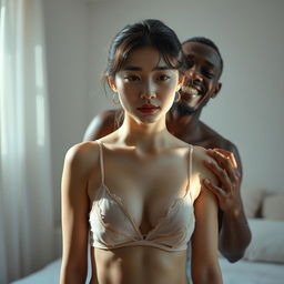 A scene set in a bright and airy bedroom, featuring a young and beautiful 19-year-old Korean woman with clear white skin and captivating thin lips