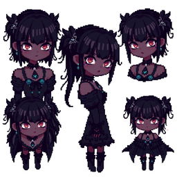 Pixel sprites of a girl with black hair styled with bangs and dark skin, embodying a gothic theme