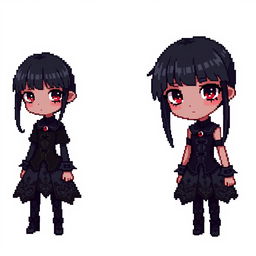 Pixel sprites of a girl with black hair styled with bangs and dark skin, embodying a gothic theme