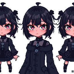 Pixel sprites of a girl with black hair styled with bangs and dark skin, embodying a gothic theme