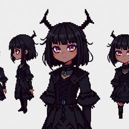 Pixel sprites of a girl with black hair styled with bangs and dark skin, embodying a gothic theme