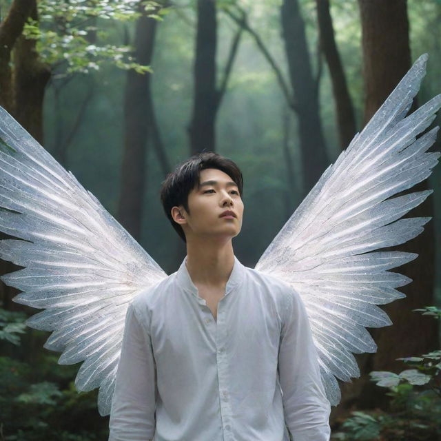 The young Asian man, similar to Lee Heeseung from Enhypen with his delicate white fairy wings, finds himself in a mystic forest touched by magic - glittering leaves, glowing flowers, and ancient majestic trees enchanted with mystical energy.