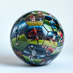 A rotating football showcasing dynamic images of football players from the user's computer, creating a montage of action-packed scenes and vivid close-ups