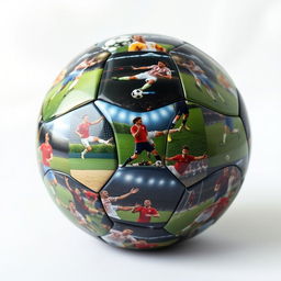 A rotating football showcasing dynamic images of football players from the user's computer, creating a montage of action-packed scenes and vivid close-ups