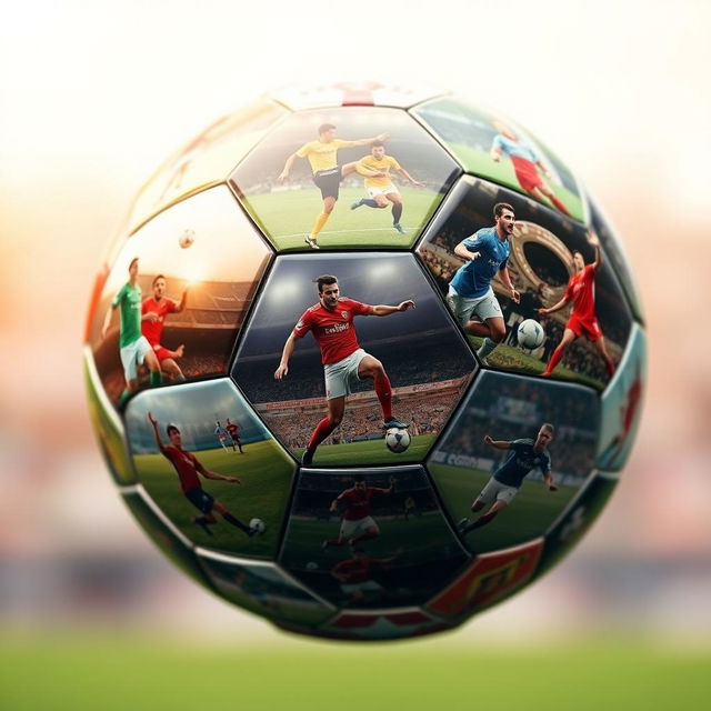 A rotating football showcasing dynamic images of football players from the user's computer, creating a montage of action-packed scenes and vivid close-ups