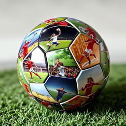 A rotating football showcasing dynamic images of football players from the user's computer, creating a montage of action-packed scenes and vivid close-ups