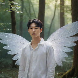 The young Asian man, similar to Lee Heeseung from Enhypen with his delicate white fairy wings, finds himself in a mystic forest touched by magic - glittering leaves, glowing flowers, and ancient majestic trees enchanted with mystical energy.