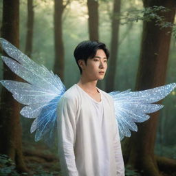 The young Asian man, similar to Lee Heeseung from Enhypen with his delicate white fairy wings, finds himself in a mystic forest touched by magic - glittering leaves, glowing flowers, and ancient majestic trees enchanted with mystical energy.