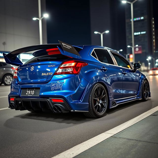 Maruti Suzuki Baleno heavily modified with a large wing spoiler and an aggressive rear diffuser