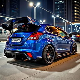 Maruti Suzuki Baleno heavily modified with a large wing spoiler and an aggressive rear diffuser