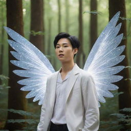 The young Asian man, similar to Lee Heeseung from Enhypen with his delicate white fairy wings, finds himself in a mystic forest touched by magic - glittering leaves, glowing flowers, and ancient majestic trees enchanted with mystical energy.