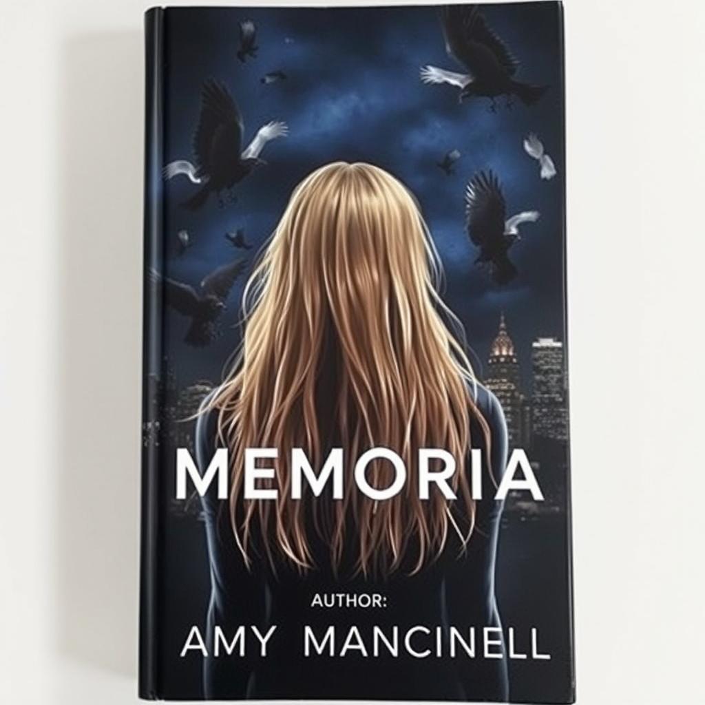 A dark book cover featuring a girl with long blonde hair, seen from the back