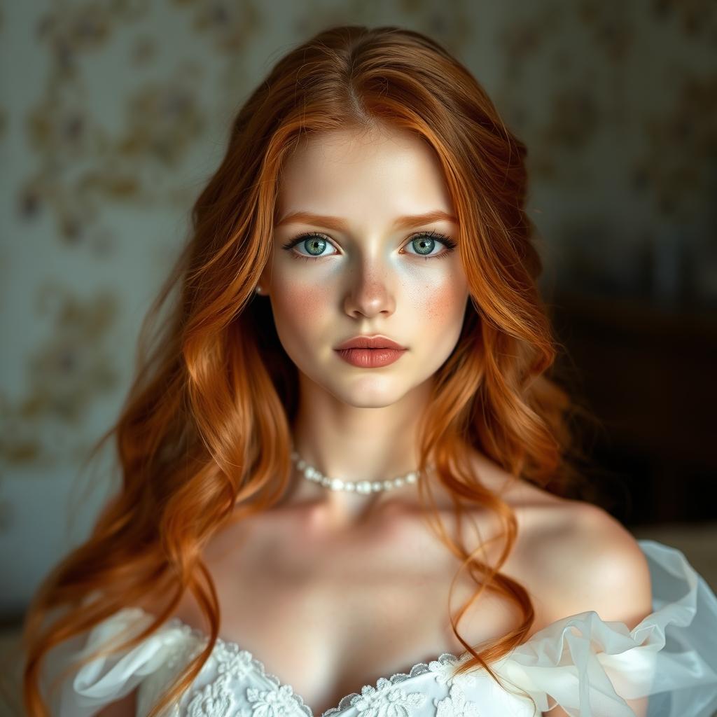 A stunning girl with long ginger hair cascading over her shoulders, showcasing her white skin adorned with delicate freckles