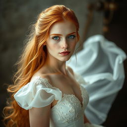 A stunning girl with long ginger hair cascading over her shoulders, showcasing her white skin adorned with delicate freckles