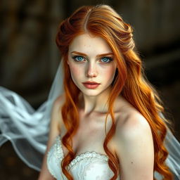 A stunning girl with long ginger hair cascading over her shoulders, showcasing her white skin adorned with delicate freckles